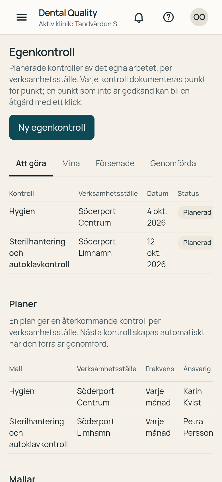 Checklista för egenkontroll i surfplattan i Dental Quality