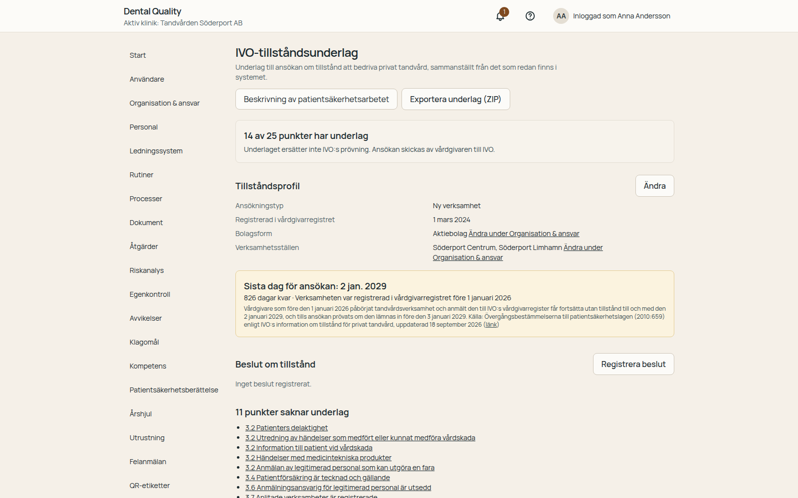 Checklista för IVO-tillståndsunderlag i Dental Quality som visar vad som har underlag och vad som saknas