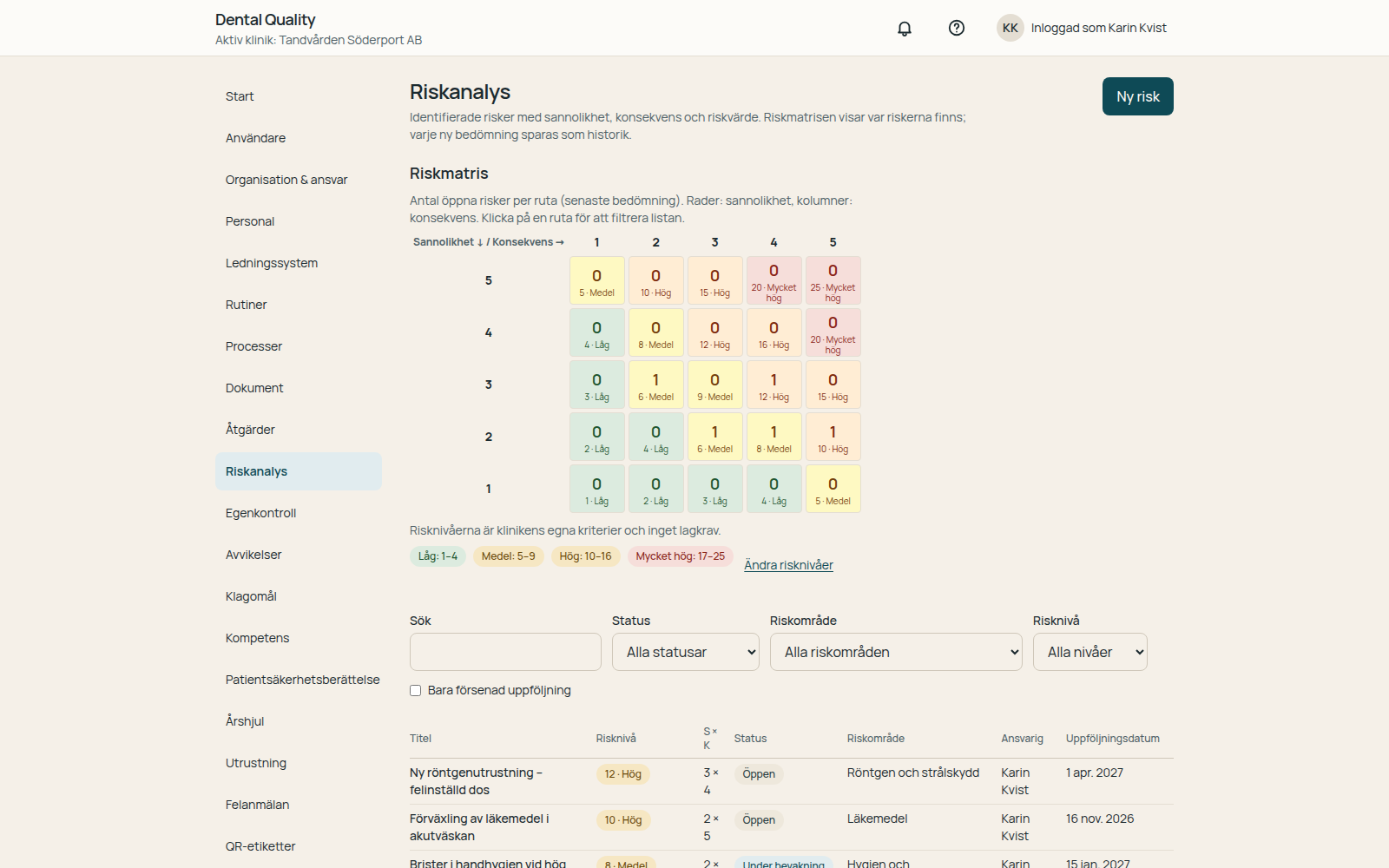 Riskmatris i Dental Quality med bedömda risker och åtgärder