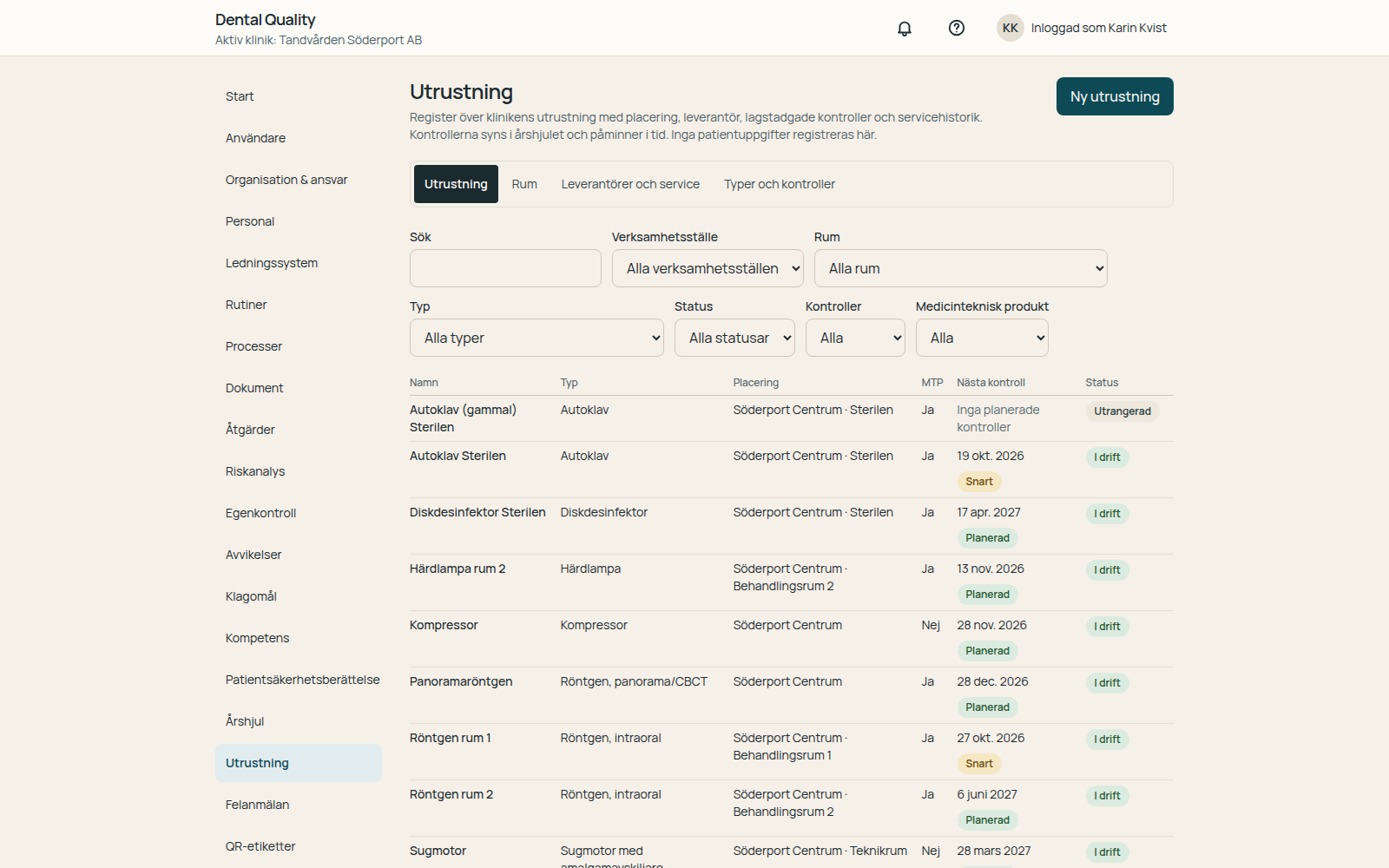 Utrustningsregister i Dental Quality med kontroller och servicehistorik